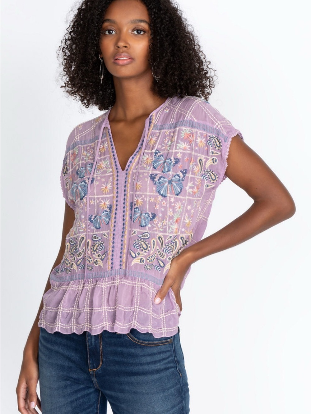 Johnny Was Paise Boho Lavender Embroidered Blouse Size Large